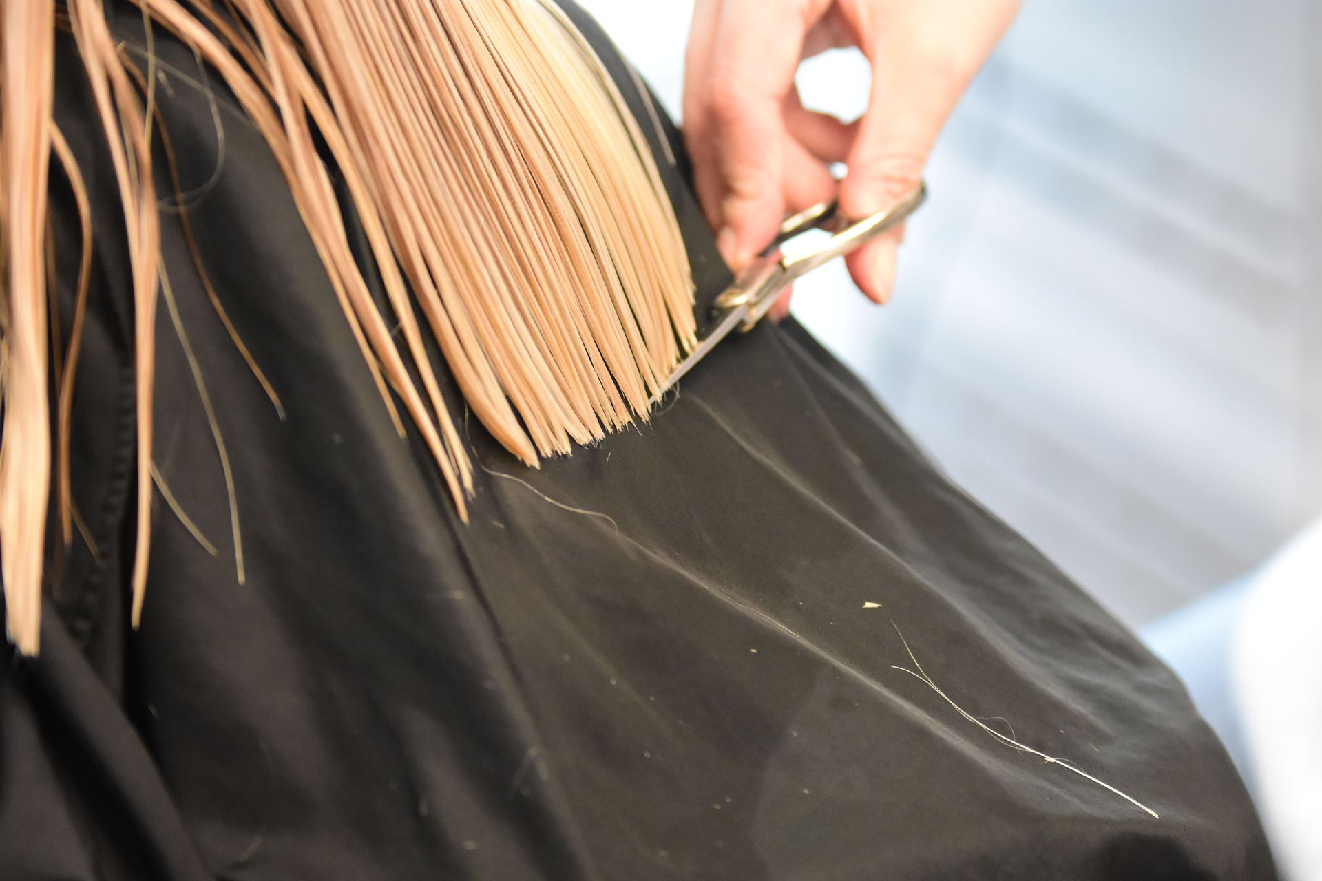 Professional hairdresser cutting blonde hair with scissors in a salon close-up.